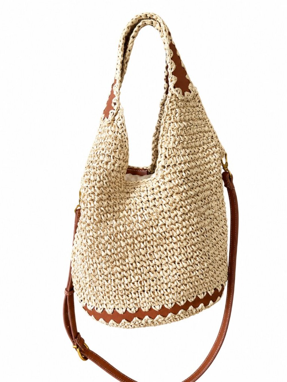 Mango Straw and Faux-Leather Hobo Bag
